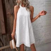 Vestido sin mangas de algodón blanco bordado con cuello en V y espalda descubierta para mujer con correas - details 2