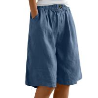 Pantalones Cortos de Lino y Algodón para Mujer Color Sólido, Cintura Suelta, Bolsillo, Botón, Moda Casual - details 2