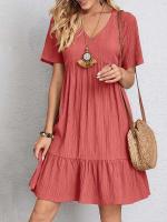 Vestido Sexy con volantes y cuello en V para mujer, vestido veraniego holgado Vintage bohemio informal liso para fiesta en la playa - details 4