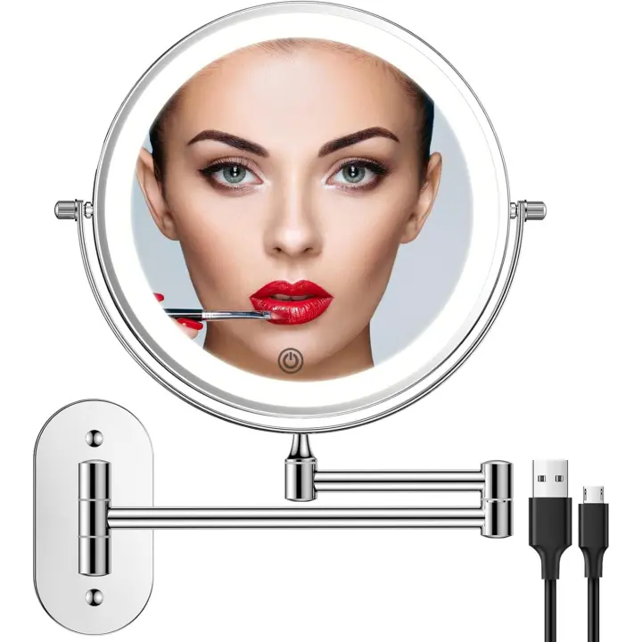 Tocador de maquillaje iluminado montado en la pared recargable, espejo de baño con aumento de 8 pulgadas de doble cara 1X 10X, iluminación de 3 colores, táctil - 1
