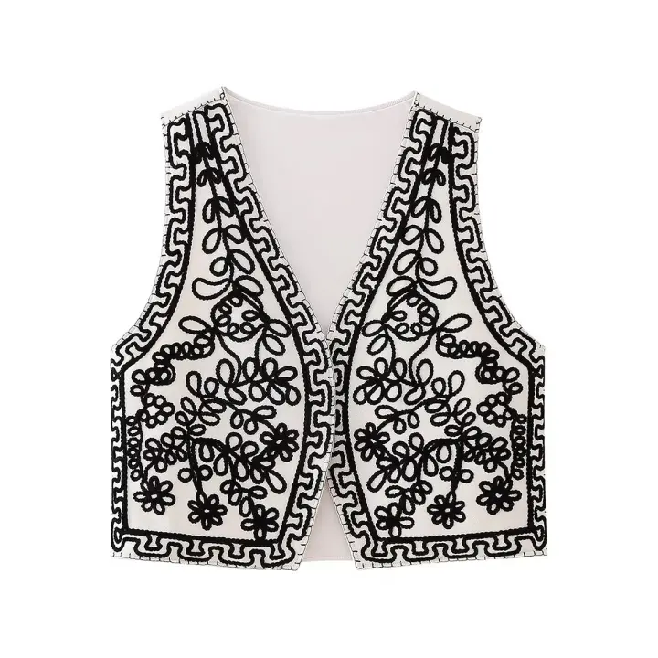 -Chaleco retro sin mangas para mujer, top nt, decoración de bordado de encaje, chaleco con corte en V - 1