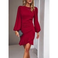 Mini vestido ajustado de manga larga para mujer Manga plisada Dobladillo con volantes Vestido de oficina - details 8