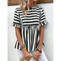 Nuevo Vestido camisero de verano para mujer, cuello redondo, manga con volantes, holgado, cómodo, a rayas - details 12