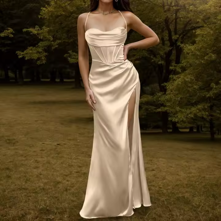 Corsé de satén para mujer con tirantes finos, vestido de noche, falda de sirena de moda, vestido reforzado - 1