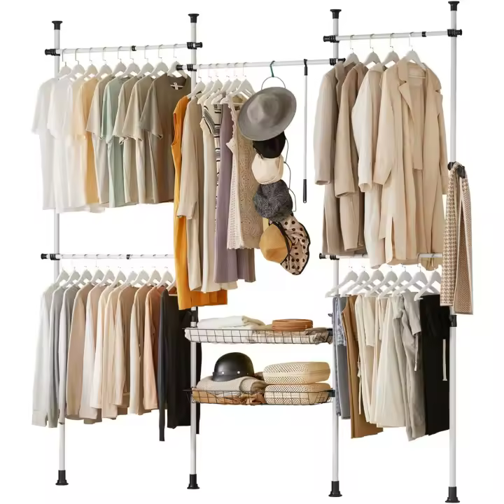 Perchero de Ropa Telescópico Altura Ajustable para Vestidor de Dormitorio con 5 Barras y 2 cestas Blanco L209-312 cm x H108-285 cm KLS04 ES - 1
