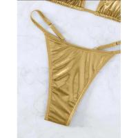 Conjunto de Halter de Brillo Dorado Metálico Traje de Baño de Dos Piezas Sexy con Tanga y Top - details 4
