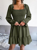 Vestido elegante de manga larga para mujer, falda de cuello cuadrado, de Color sólido vestido de volantes, moda de primavera y otoño - details 2
