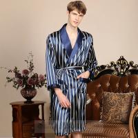 Bata de talla grande 3XL 4XL 5XL para hombre, ropa de dormir, Kimono a rayas azul marino, albornoz con bolsillo, ropa de verano de satén para el hogar, ropa de salón - details 2