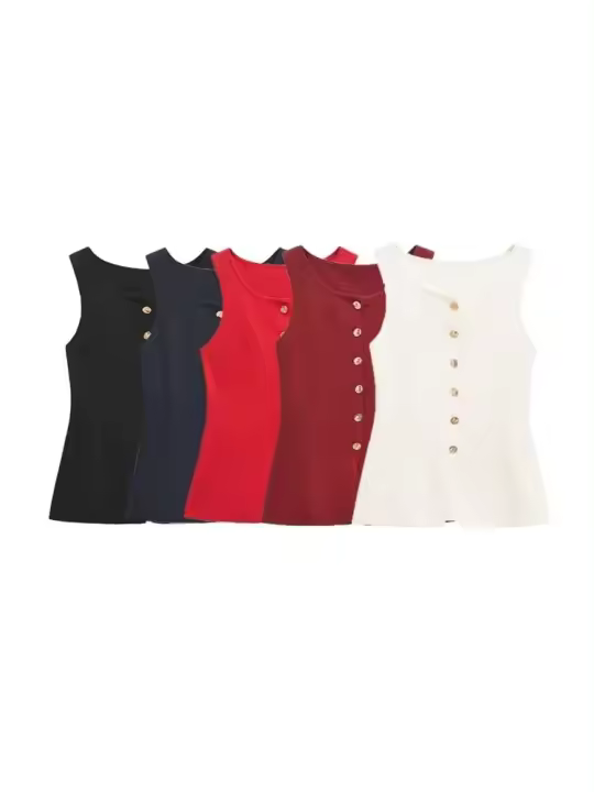 TRZA-Chaleco de punto para mujer con botones dorados, suéter sin mangas, cuello redondo, tops elegantes, chaleco de mujer, moda - 1