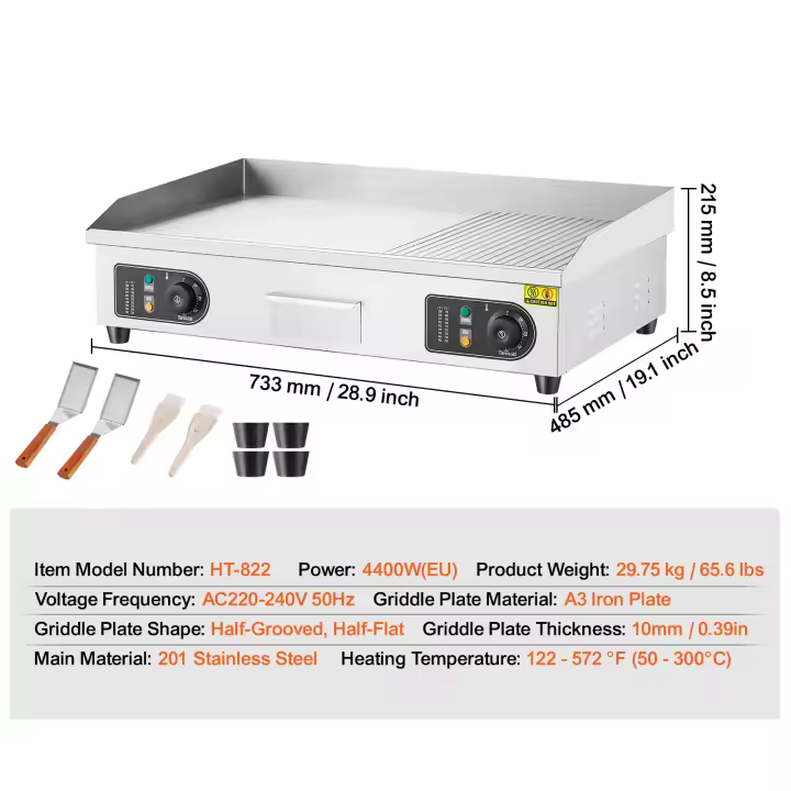 SucceBuy Plancha eléctrica comercial, parrilla superior semiplana para encimera de 4400 W, temperatura ajustable 122 ℉ -572 ℉ , Parrilla de acero inoxidable de 28,74x15,75x0,39 pulgadas con 2 palas y 2 cepillos para el hogar/restaurante - 1
