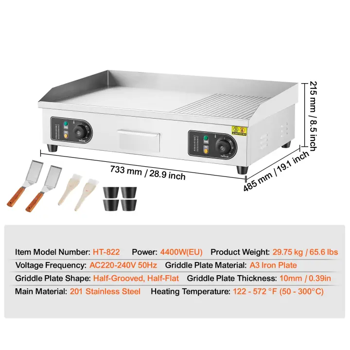 SucceBuy Plancha eléctrica comercial, parrilla superior semiplana para encimera de 4400 W, temperatura ajustable 122 ℉ -572 ℉ , Parrilla de acero inoxidable de 28,74x15,75x0,39 pulgadas con 2 palas y 2 cepillos para el hogar/restaurante - 1