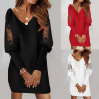 Parche de malla de encaje transparente para mujer，VVestido de retazos Casual de manga larga con cuello - details 0