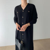 Vestido Largo de Punto Cálido con Cuello en V Cierre de Botón Único, Mango Largo, Moda de Commute para Mujeres - details 16