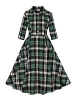2025 nuevo Hepburn Retro Turn-Down Collar Plaid Rockabilly vestidos de Navidad mujeres invierno 3/4 longitud manga bolsillos vestido elegante - details 1
