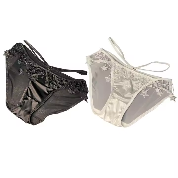 Bragas de seda satinada para mujer, ropa interior de malla de encaje de Color sólido con tirantes finos, ropa interior femenina con borlas de estrellas, bragas de cintura baja para uso diario, 2 uds. - 1