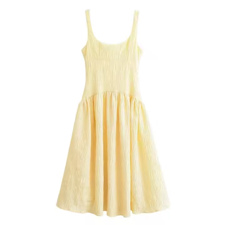 Elegante Vestido Amarillo de Lona Texturada Cuello Cuadrado A-Línea Casual de Vacaciones para Mujeres Verano 2025 - 1
