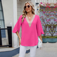 BUNO-2025 Blusa de moda con cuello en V para mujer, camisas de gasa de siete mangas con empalme de encaje, camisa holgada informal de Color sólido elegante para oficina, novedad de 20252 - details 34