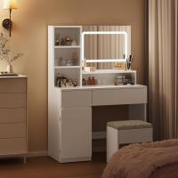 Tocador de Maquillaje Moderno con Espejo Grande y Luces LED Brillo Ajustable, 3 Estante Abiertos, 2 Cajones y Armario Lateral Ideal para Dormitorio Blanco - details 7