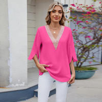 BUNO-2025 Blusa de moda con cuello en V para mujer, camisas de gasa de siete mangas con empalme de encaje, camisa holgada informal de Color sólido elegante para oficina, novedad de 20252 - details 35