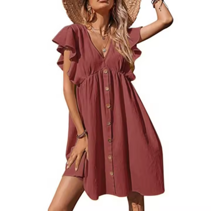 Novedad de verano, ropa de mujer, vestido largo de longitud media, informal plisado con cuello en V y botones, vestido de moda de talla grande - 1