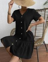 Vestido largo de algodón y lino para mujer, vestido de verano informal vintage con botones y cuello en V de manga corta suelta - details 9
