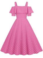 Vestido de fiesta Vintage elegante con hombros descubiertos, vestidos Midi de línea A con volantes y lunares de verano para mujer - details 22