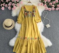 Primavera/Verano mujer viaje vacaciones Vintage largo estilo étnico bohemio bordado cintura atar algodón y vestido - details 8