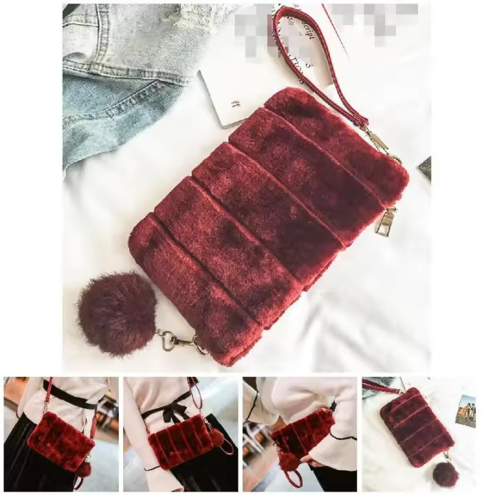 Bolso de mano con pompón de felpa para mujer, de Color sólido bolso de mano, bolsos de sobre para fiesta de noche, Invierno - 1