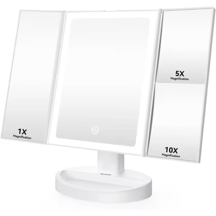 Auxmir Luz para espejo de maquillaje, espejo de mesa con aumento de 1X/5X/10X, tríptico, 34 luces LED con pantalla táctil ajustable, 180 ° - 1