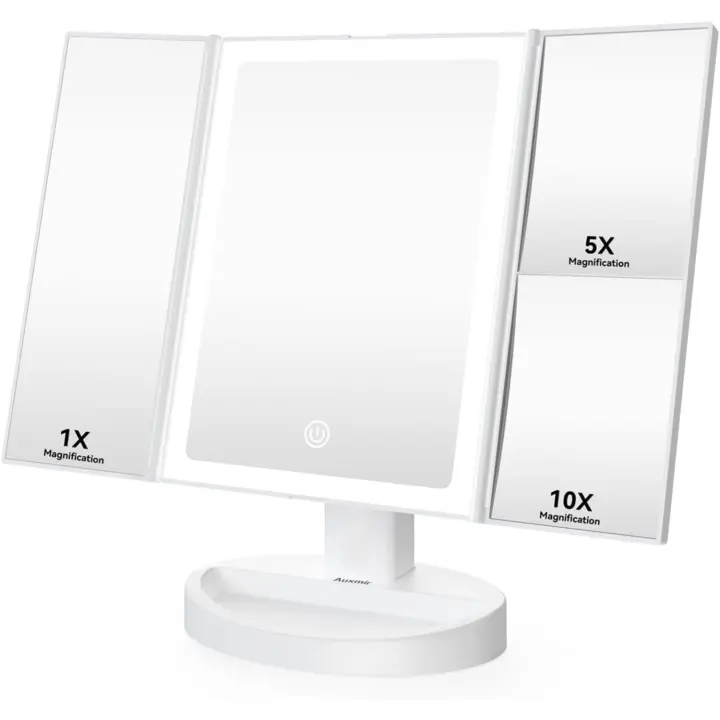 Auxmir Luz para espejo de maquillaje, espejo de mesa con aumento de 1X/5X/10X, tríptico, 34 luces LED con pantalla táctil ajustable, 180 ° - 1