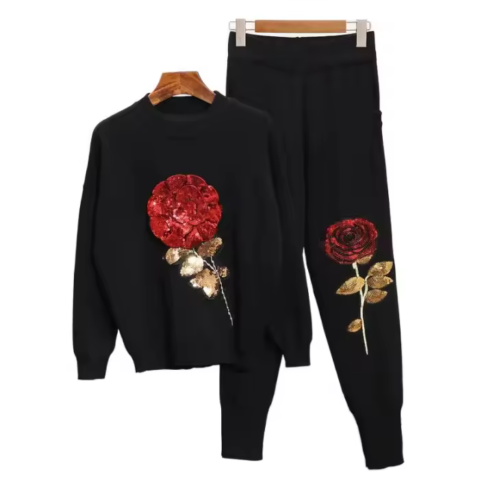 Conjunto de Top y Pantalones para Mujeres Invierno 2 Piezas Chándal Casual Flores Pantalones de Punto con Lentejuelas Conjunto d - 1