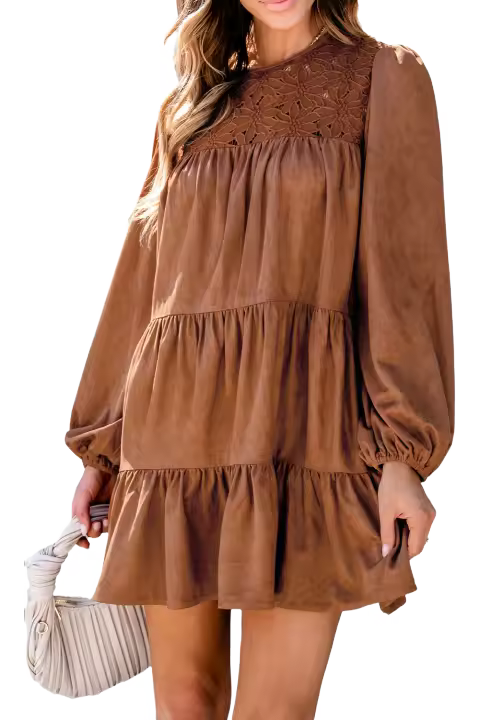 Elrachen Mini vestido con volantes y encaje floral para mujer, color castaño, tallas S-XL - 1
