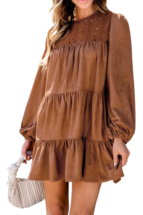 Elrachen Mini vestido con volantes y encaje floral para mujer, color castaño, tallas S-XL - 1