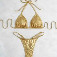Conjunto de Halter de Brillo Dorado Metálico Traje de Baño de Dos Piezas Sexy con Tanga y Top - details 1