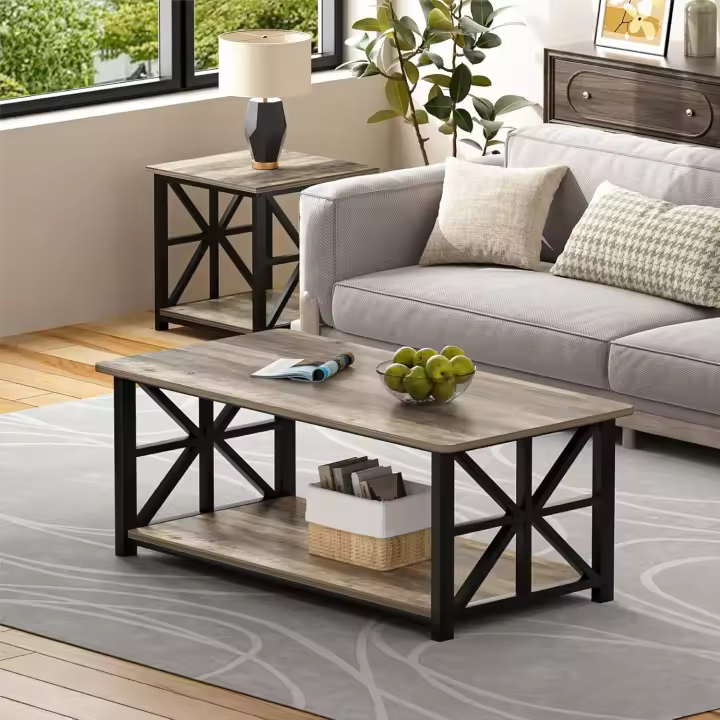 Mesa de Centro con 2 Estantes, Mesa de Café con Redonda de 100cm, Tablero de Estilo Moderno en Macro para el Salón,Negro - 1