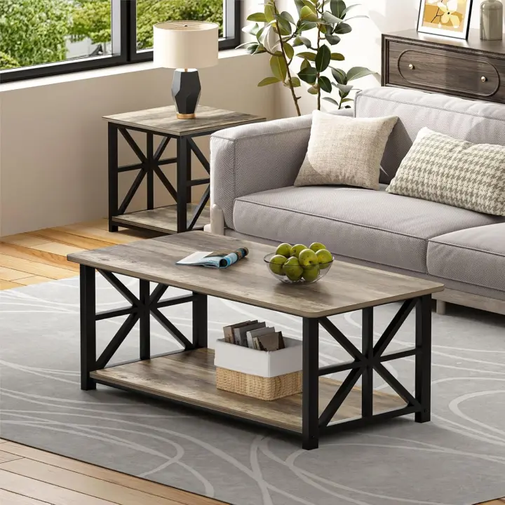 Mesa de Centro con 2 Estantes, Mesa de Café con Redonda de 100cm, Tablero de Estilo Moderno en Macro para el Salón,Negro - 1
