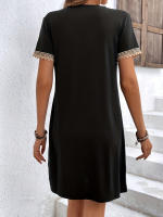 Verano francés encaje cuello V vestido de comercio exterior manga corta jersey a-line falda - details 3