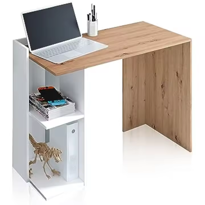 Reversible con estantes, escritorio, sistema de almacenamiento, modelo Kenia, acabado en color Roble Nodi y blanco Artik, medidas: 100 cm (largo) x 78 cm (alto) x 52 cm (fondo) - 1