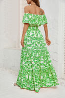 Vestido de temperamento con borde de volantes estampado con cuello de una línea de verano para mujer - details 3