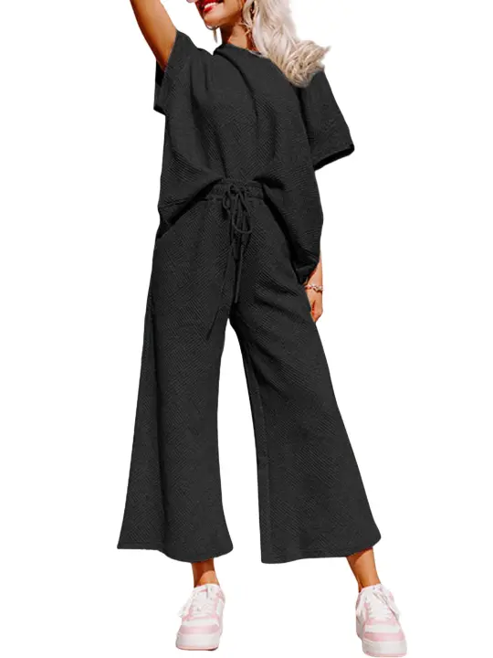 Elrachen Conjunto de camiseta holgada con textura y pantalones con cordón para mujer, negro, tallas S-2XL - 1