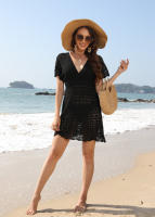Mini vestido de playa de ganchillo con cuello en V, cubierta de punto de manga corta para mujer, túnica ligera de verano para traje de baño - details 7