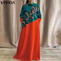 Vestido largo de talla grande 5XL VONDA Vintage estampado para mujer, vestido veraniego de fiesta con retales bohemios, vestido informal holgado de manga larga - details 1
