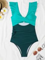 2025 Ztvitality traje de una pieza con cruz hueca y volantes lisos, traje de baño para mujer, ropa de playa - details 8
