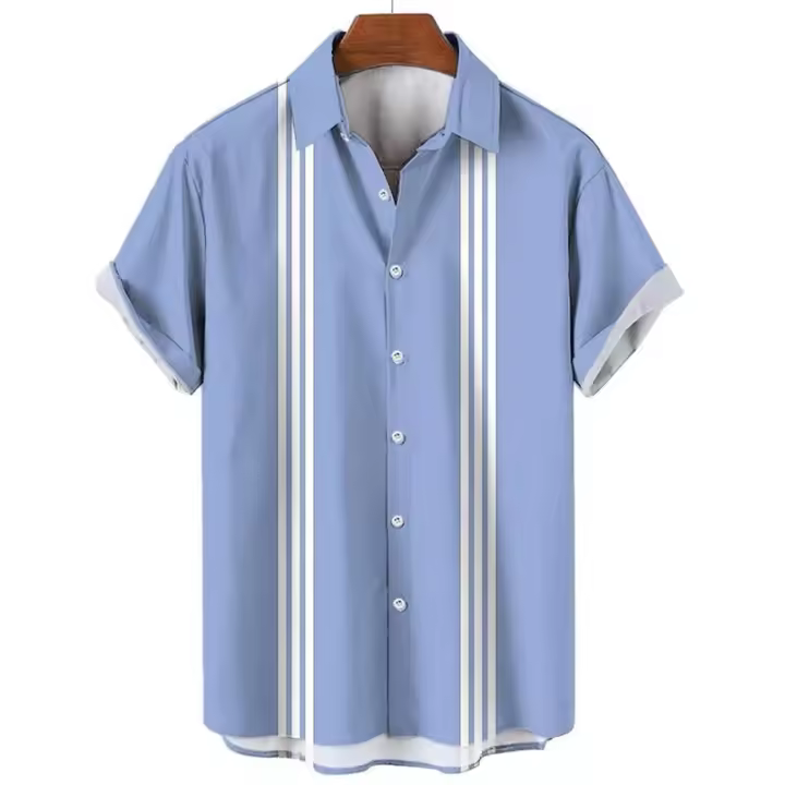 Camisa de botones a rayas a la moda para hombre, ropa de calle informal de negocios de manga corta de gran tamaño de verano - 1