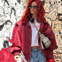 Chaqueta de cuero con cremallera para mujer, abrigo recortado de manga larga con solapa, color rojo vino, Vintage, moda de otoño - details 3