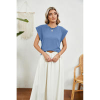 BUNO-2025 Tops para mujer, pantalón corto informal de moda de verano, camisetas básicas con textura a rayas de Color sólido y cuello redondo - details 47