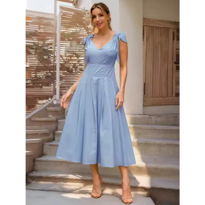 Temperamento elegante falda con tirantes y cuello en V para mujer vestido de verano nuevo en forma de A 2025 - 1