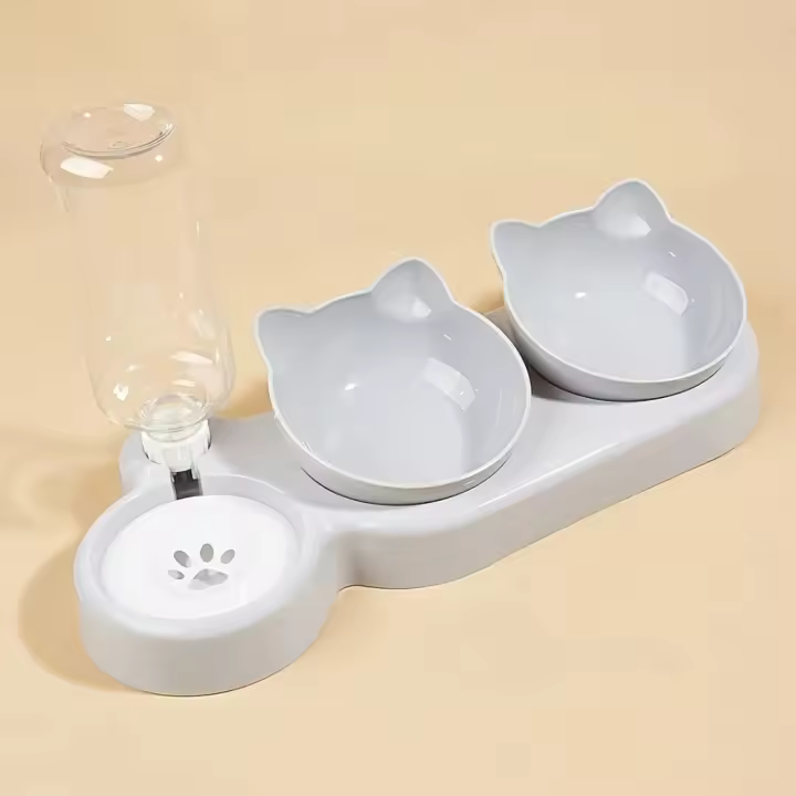 Cuencos para Mascotas 3 en 1 Diseño de Oreja Inclinada Juego de Cuencos para Agua y Comida para Gatos Botella de Agua Gravitacional para Protección del Cuello - 1