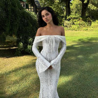 BUNO-Oligai elegante vestido ajustado con hombros descubiertos 2025 nuevo en blanco vestido largo de encaje con mangas acampanadas vestido de invitados de boda para mujer - details 10