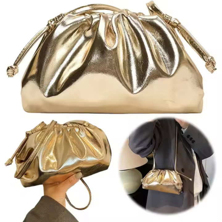 Bolsos de mano dorados para mujer, bolso de noche plateado, bolso cruzado de cuero PU, bolso de boda, bolso de nube fruncido con forma de dumpling - 1